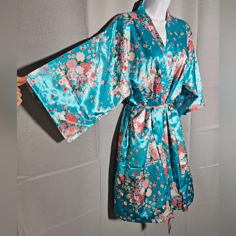 Alexander Del Rossa Robe Bridal Sz L Floral Colorful Kimono Satin NWOT - Picture 3 of 7